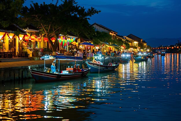 Foto los barcos vietnamitas en el río iluminado en vietnam