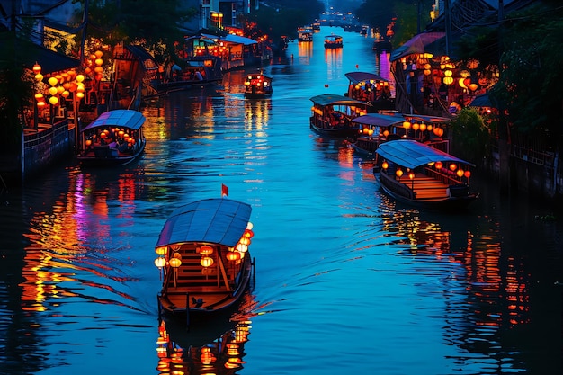 Foto los barcos vietnamitas en el río iluminado en vietnam