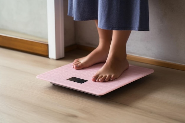Barfüßige Frau steht auf digitalen Gewichts- und Körperfettwaagen auf dem Badezimmerboden. Generative KI