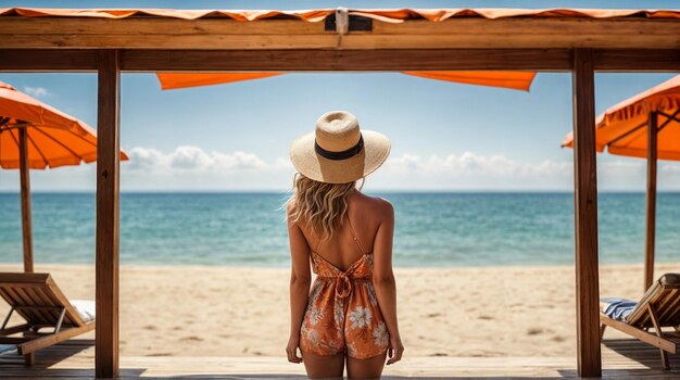 Barfuß-Frau geht auf dem Strand Sand schaut auf das Meer Reise Urlaub entspannen Sommerzeit