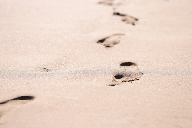 Barfußabdrücke auf nassem Sand auf Strandnahaufnahmehintergrund