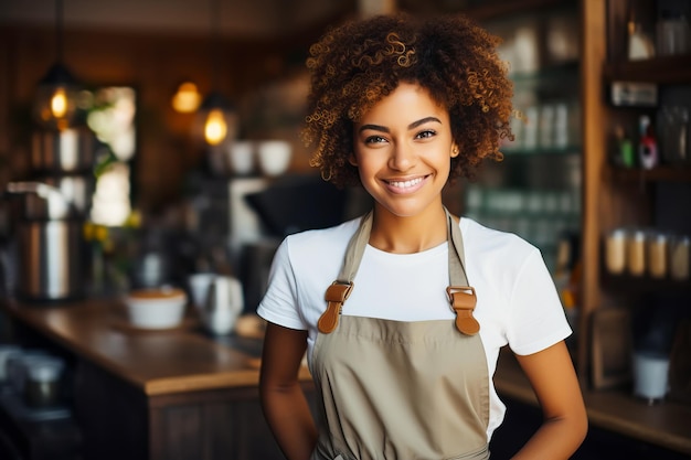 Barista afro-americana usando avental trabalhando no balcão em um café interior