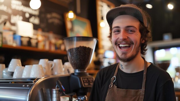 Foto barista alegre con delantal y gorra de pie en la cafetería y mirando a la cámara propietario de una pequeña empresa