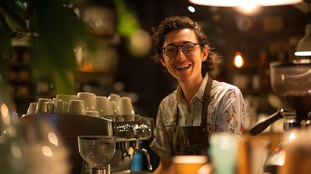Foto barista alegre con gafas y delantal de pie en la cafetería apoyado en el mostrador junto a la máquina de espresso mirando a la cámara y sonriendo