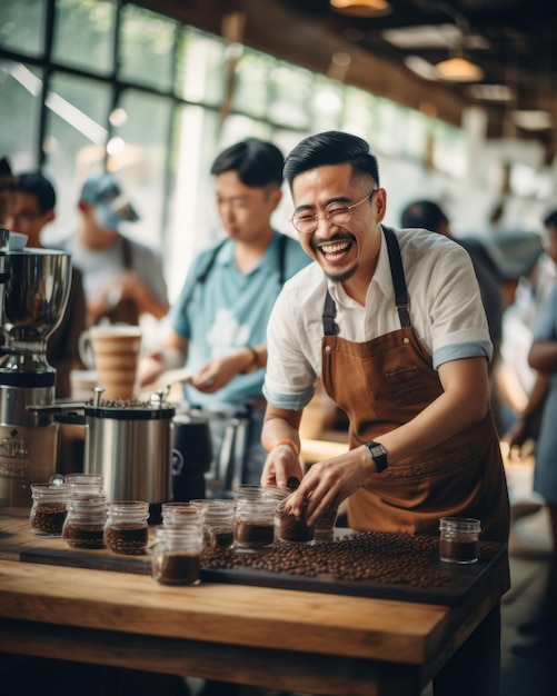 Barista asiático feliz preparando café en cafeterías enfoque selectivo