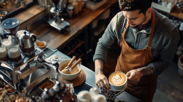 Foto barista barbudo fazendo arte de café com leite em uma cafeteria