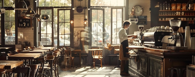 Barista bereitet Kaffee in einem sonnigen, gemütlichen Café vor Gastfreundschaft und städtisches Lifestyle-Konzept