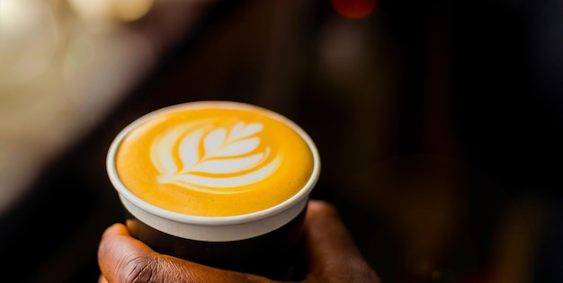 Barista de café africano sosteniendo una taza para llevar con espuma de leche en forma de hoja