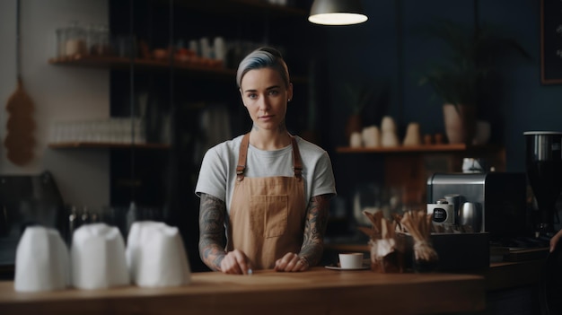 Barista caucasiana sorridente usando avental em pé na cafeteria olhando para a câmera Generative AI AIG21