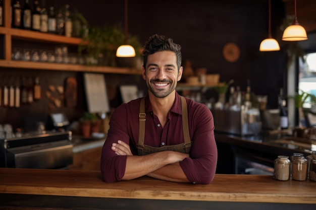 Un barista caucásico guapo con delantal mira la cámara y sonríe mientras se apoya en la barra del bar en la cafetería