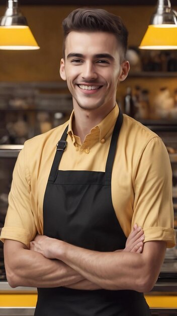 Barista confiado con delantal negro de pie contra un fondo amarillo