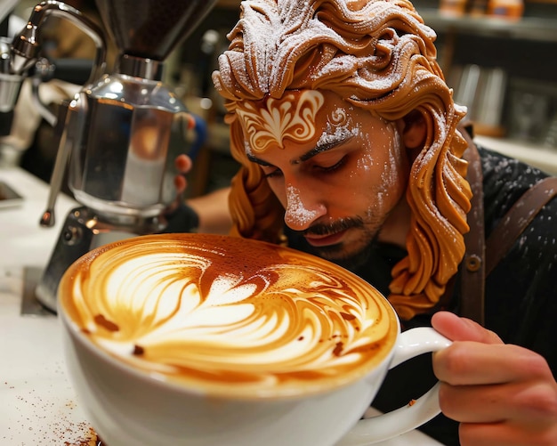 Barista creando el arte del latte con concentración