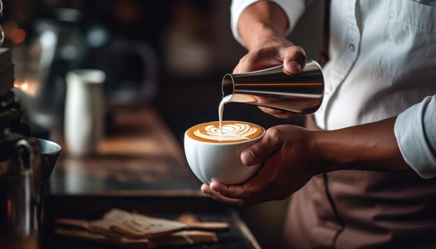 Barista creando arte con latte en una taza de café