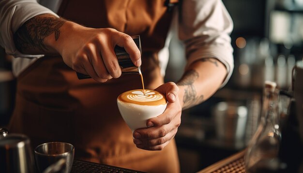 Barista criando arte de latte em uma cafeteria