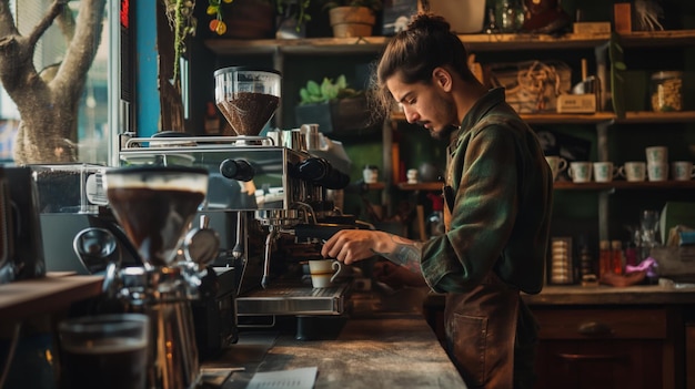 Barista criando intrincada arte do latte em aconchegante café hipster Cultura do café artesanal