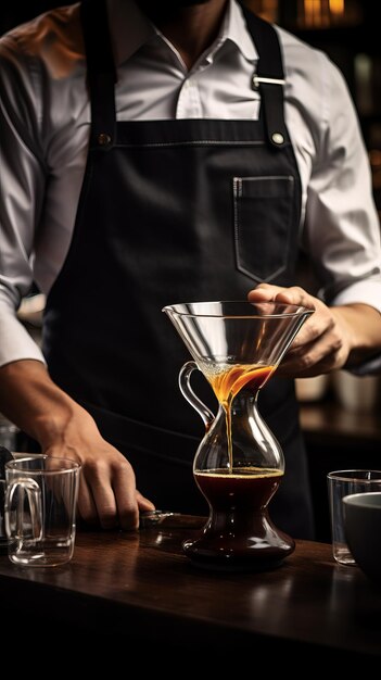 Barista cuidadosamente derramando café de um recipiente de vidro em um copo de vidro