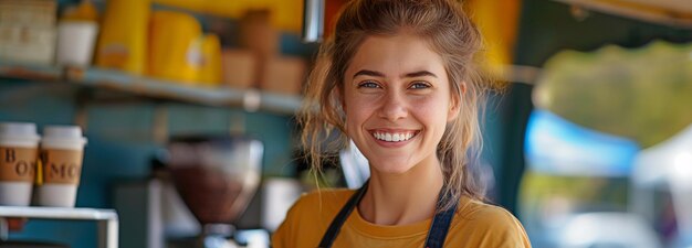 Barista de caminhão de café com um sorriso alegre aceitando um pagamento sem contato de um cliente