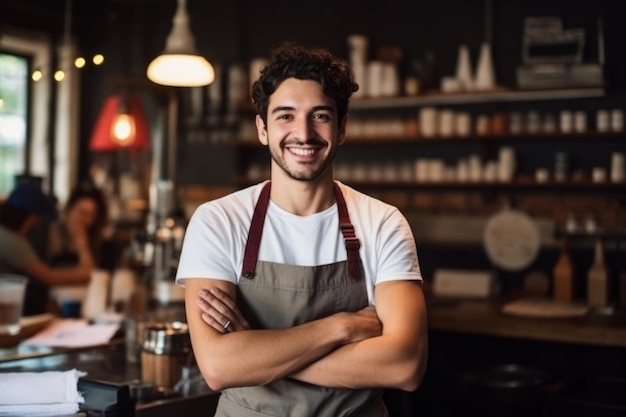 Barista en delantal mirando a cámara y sonriendo