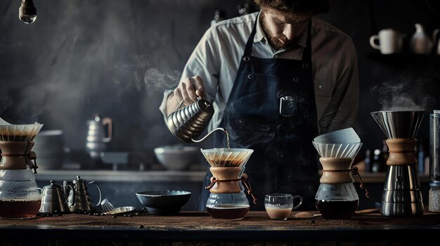 Barista en delantal vertiendo cuidadosamente agua caliente de la tetera en el filtro de café para preparar café aromático fresco en una carafe de vidrio en una mesa de madera en una cafetería