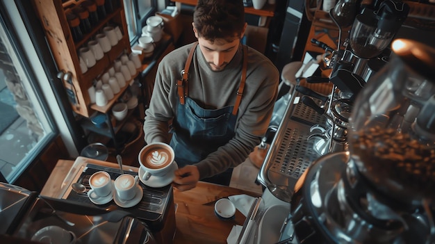 Foto barista, der kaffee in einem café macht, kleinunternehmer, der in seinem café arbeitet, mann mit schürze, der milch in eine tasse gießt, um latte-kunst zu machen