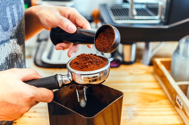 Barista derrama café moído em pó de torrador de grãos de café derramando em um porta-filtro para fazer café