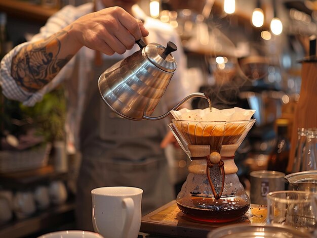 Barista derramando água quente em um filtro de café