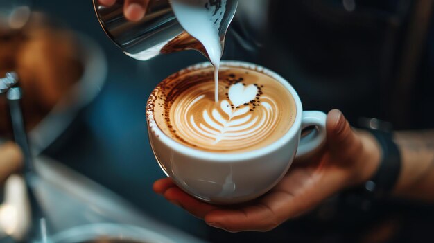 Barista derramando leite evaporado em uma xícara de café criando um latte