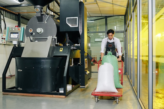 Barista empurrando carrinho com sacos