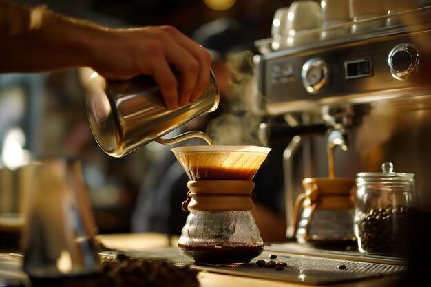 Barista faz café para os clientes em um café ou restaurante