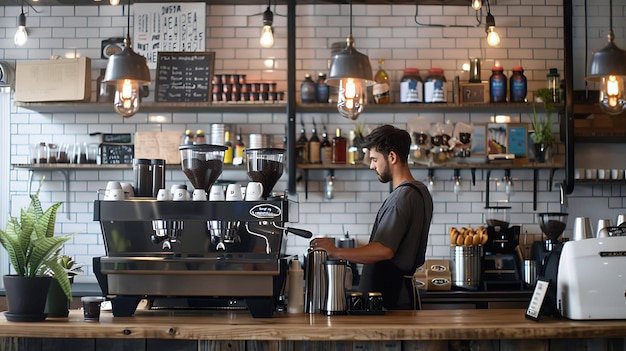 Barista fazendo café com uma máquina de expresso em uma cafeteria Proprietário de uma pequena empresa trabalhando em seu café