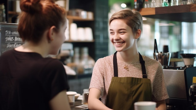 Barista femenina con una charla feliz con un cliente de 20 años en la cafetería con IA generativa