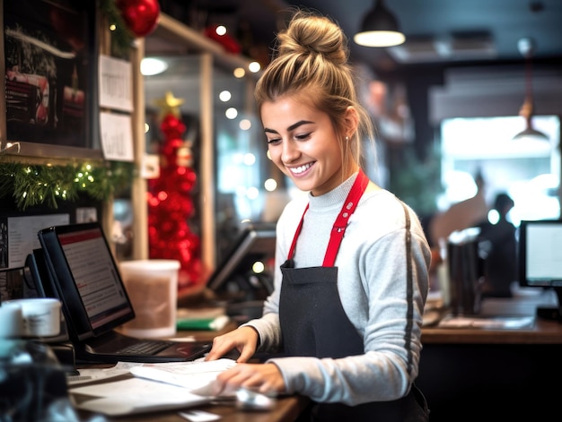 Barista femenina occidental trabajando en la cafetería en Navidad