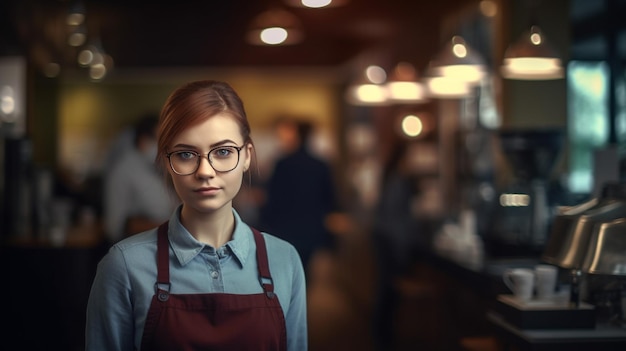 Barista feminina fazendo bebidas de café ou café expresso durante uma hora de ponta movimentada em uma cafeteria com Generative AI