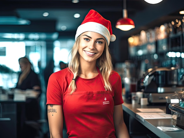 Foto barista feminina ocidental trabalhando na cafeteria no natal