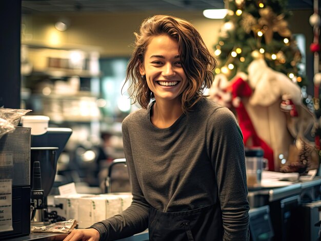 Foto barista feminina ocidental trabalhando na cafeteria no natal