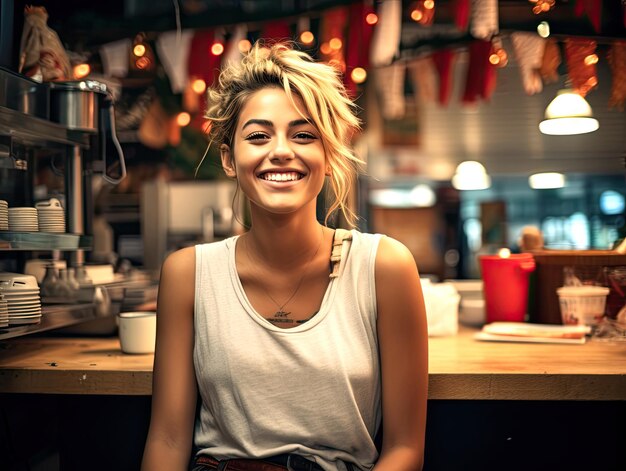 Foto barista feminina ocidental trabalhando na cafeteria no natal