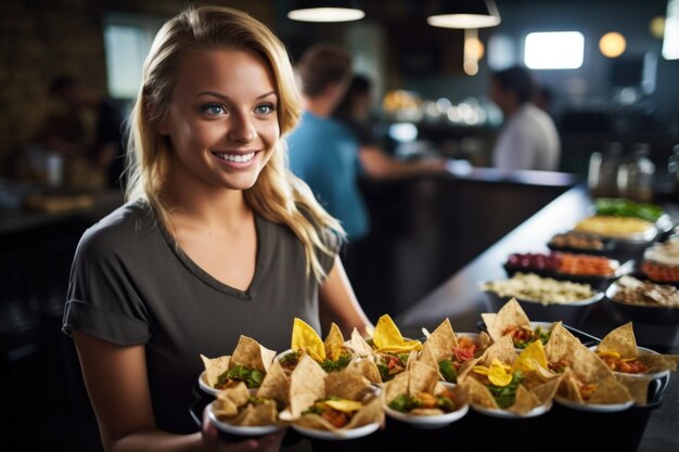 Foto barista feminina servindo nachos em uma cafeteria