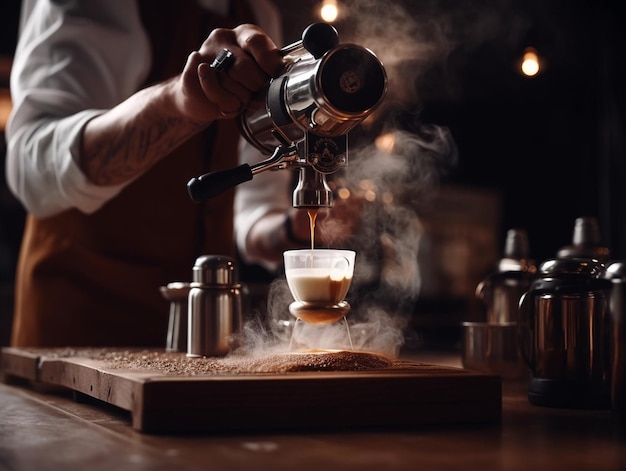 Barista gießt Sahne in die Tasse Kaffee. Ein kleines Kaffeeunternehmen. Ein professioneller Ba. Generative KI