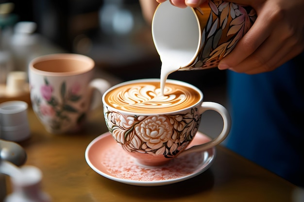 Barista hace arte latte con un chorro de leche en una hermosa taza en un plato