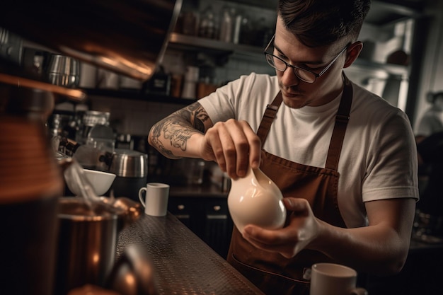 Barista hace arte de taza de café con leche en una acogedora cafetería generativa ai