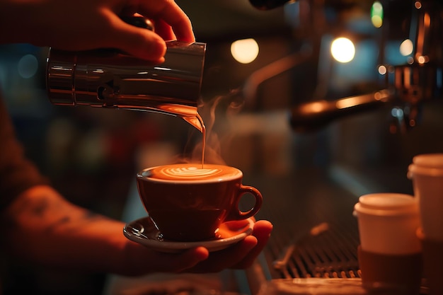 El barista hace café para los clientes en una cafetería o restaurante