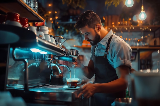 Foto el barista hace café para los clientes en una cafetería o restaurante