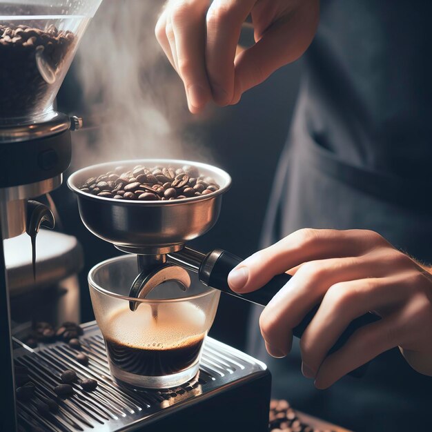 El barista hace café en una máquina de café.