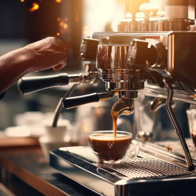 Barista-Hand und Espresso, der in einem Café eine Tasse eingießt Kaffeemaschine Nahaufnahme professioneller Siebträger Generative KI