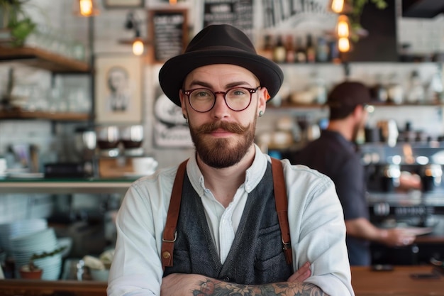 Foto barista hipster en una cafetería