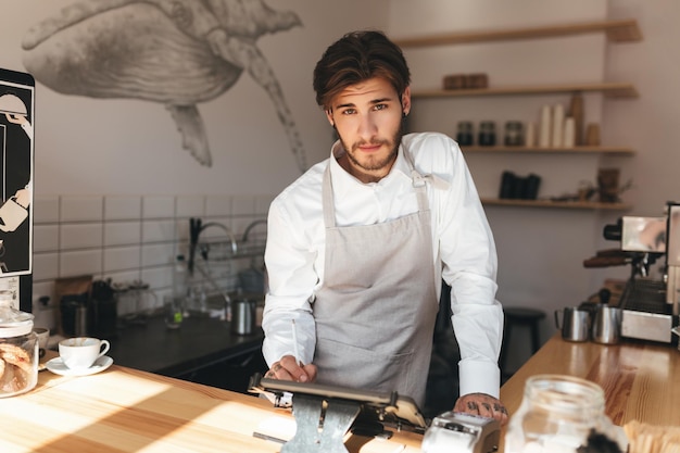 Barista legal de avental e camisa branca usando contador de dinheiro na cafeteria jovem olhando na câmera enquanto trabalhava com terminal no balcão em seu local de trabalho no restaurante