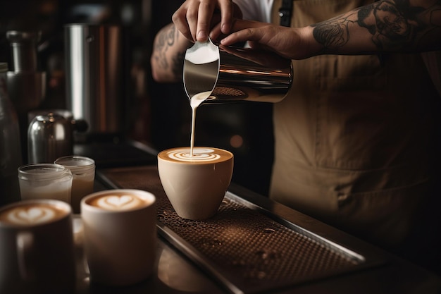 Barista macht Kaffeetassen-Latte-Art in einem gemütlichen Café mit generativer KI