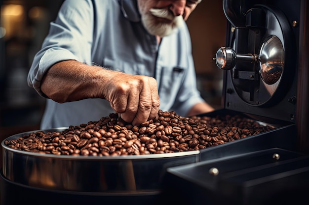 Barista masculino com uma máquina de café torrado