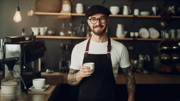 Barista masculino con un delantal en la cafetería sosteniendo una taza en el mostrador IA generativa AIG21