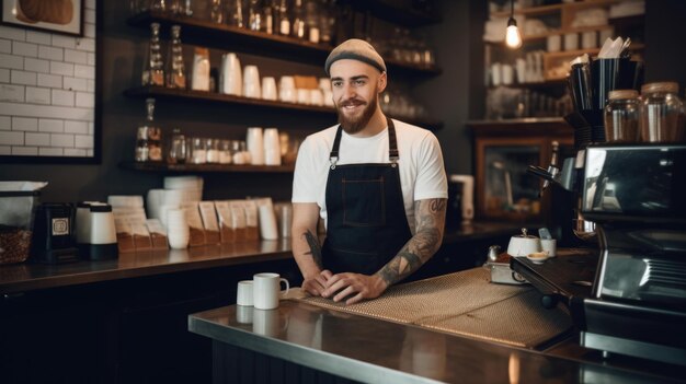 Barista masculino feliz usando un delantal de pie junto al mostrador en una cafetería AI generativa AIG21